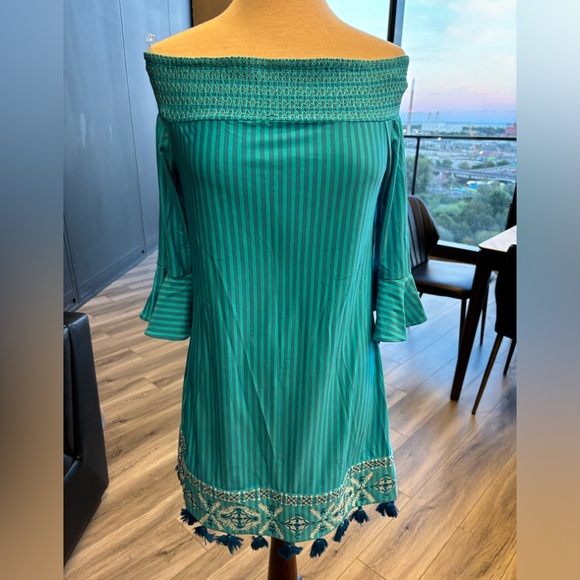 Beautiful off the shoulder smocked dress or coverup in turquoise! - Picture 7 of 7